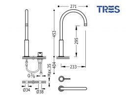 MONOMANDO LAVABO CON MANDO SEPARADO STUDY TRES GRIFERIA